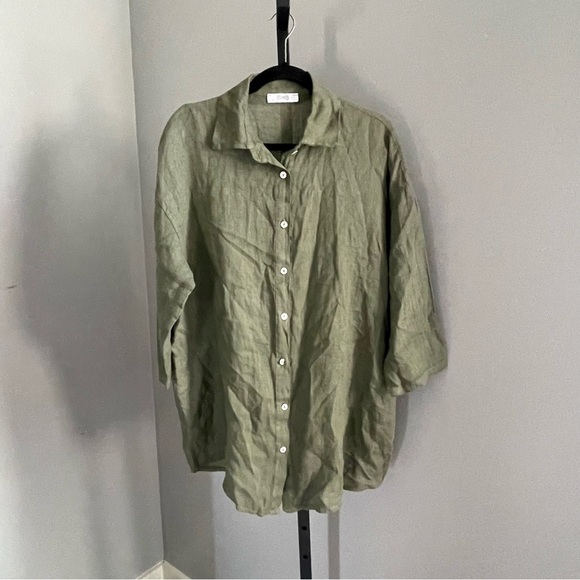 Olive Green Button Down Lagenlook 100% Linen Button Up Blouse Top - Picture 1 of 4